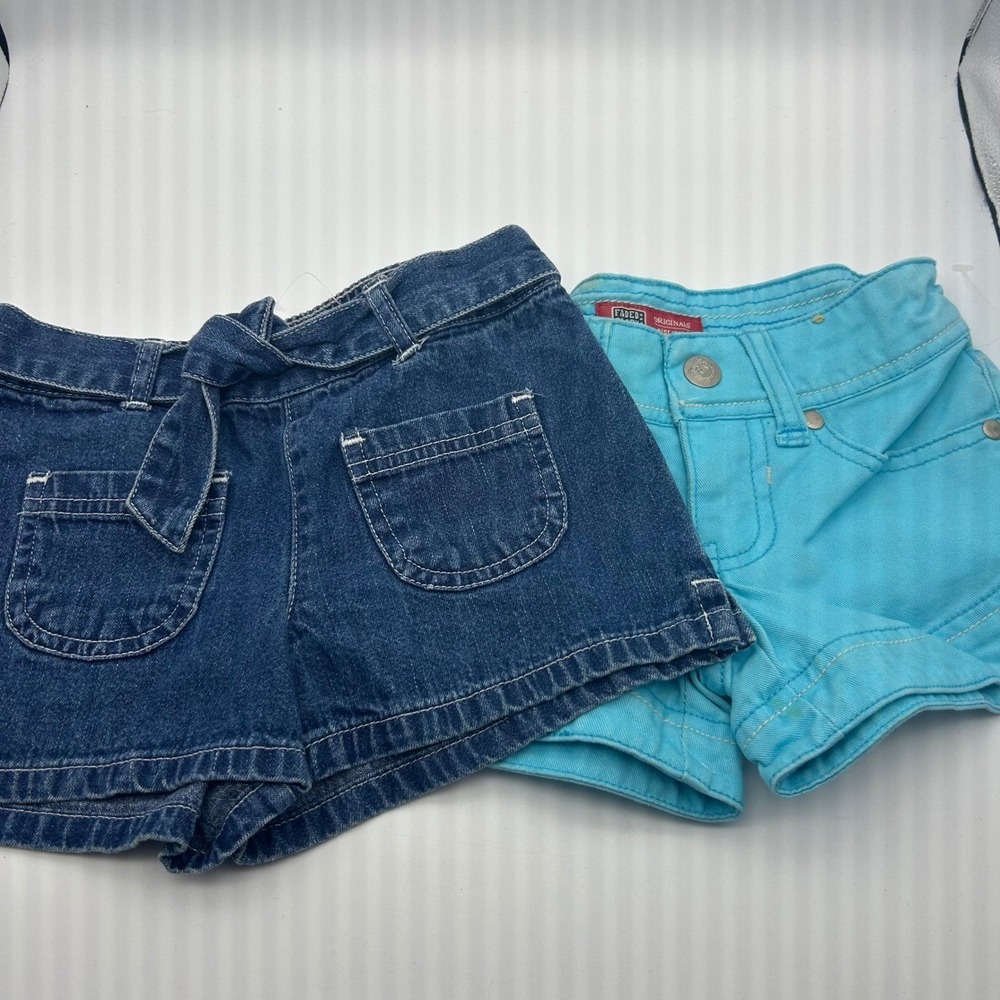 Faded Glory Girls Size 4 Shorts Lot 2 Denim Tie Waist Turquoise  Cotton/ jean